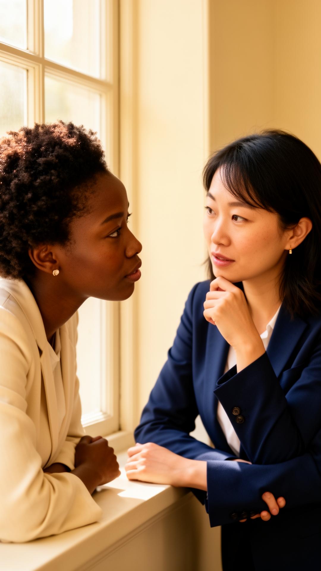 Two professionals in close, attentive conversation by a window